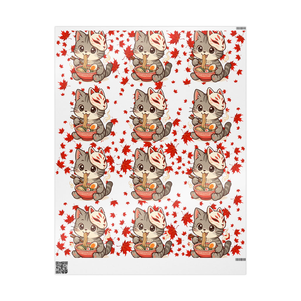 Cat kitsune eating ramen at Christmas, gift wrapping paper, beautiful autumn maple leaf print.