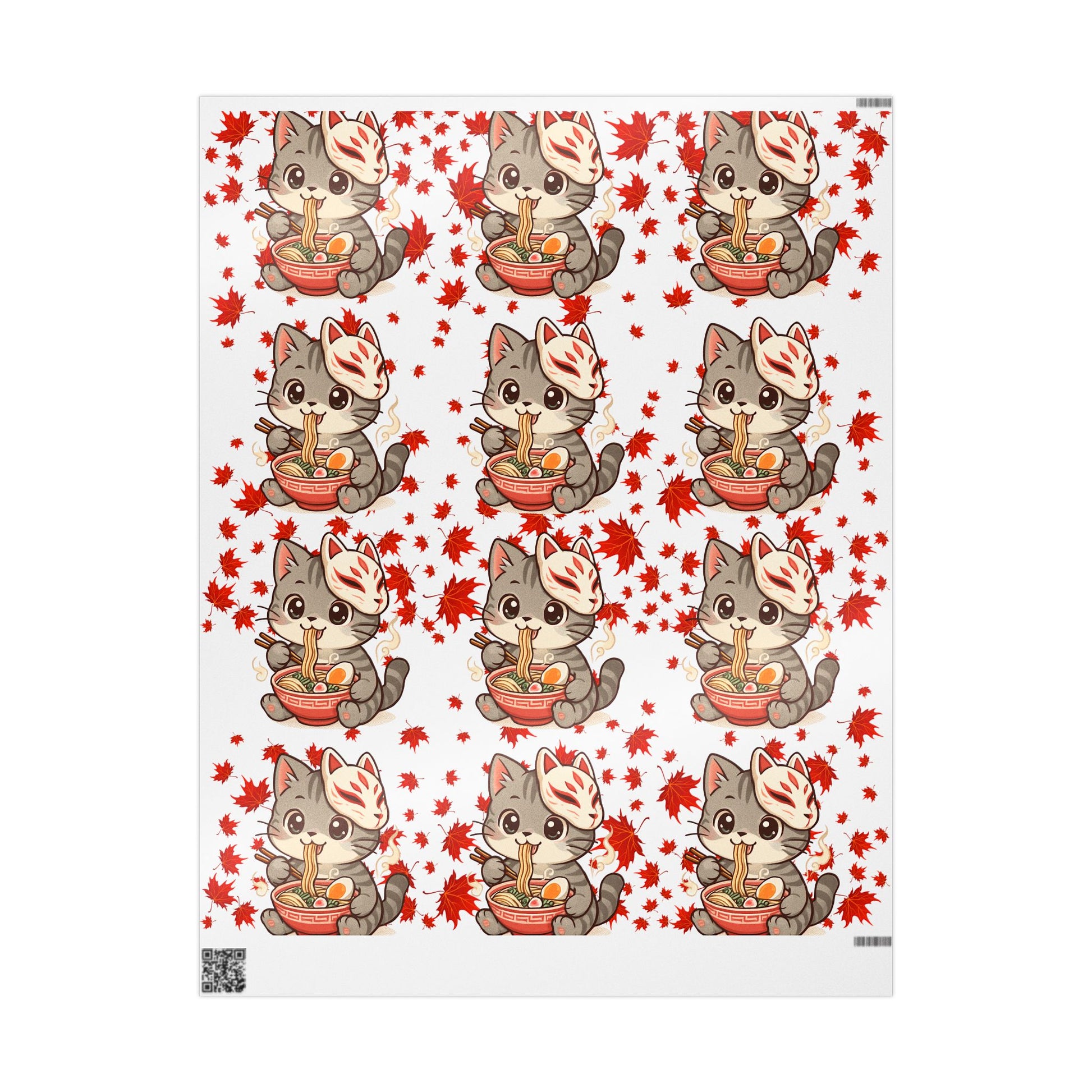 Cat kitsune eating ramen at Christmas, gift wrapping paper, beautiful autumn maple leaf print.
