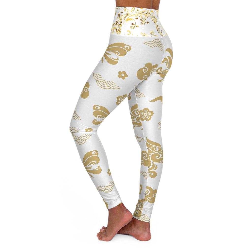 High-Waist Yoga Leggings — Gold Floral Cloud Asian-Inspired Print