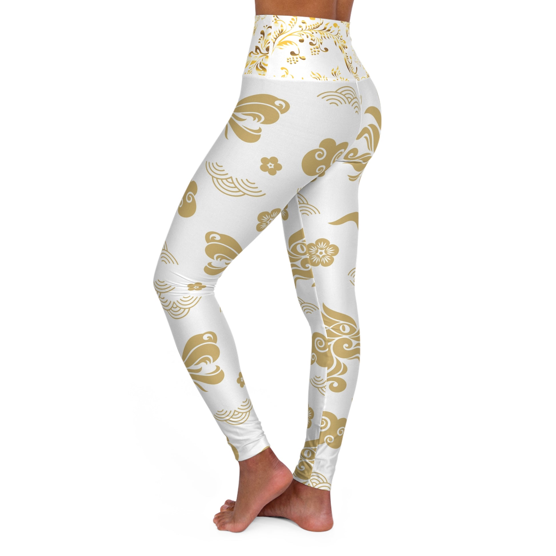 High-Waist Yoga Leggings — Gold Floral Cloud Asian-Inspired Print