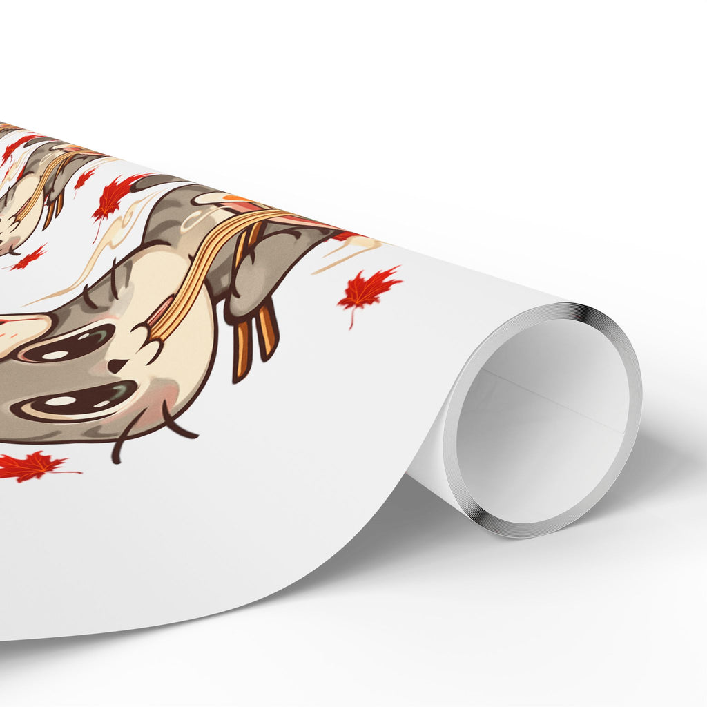 Cat kitsune eating ramen at Christmas, gift wrapping paper, beautiful autumn maple leaf print.
