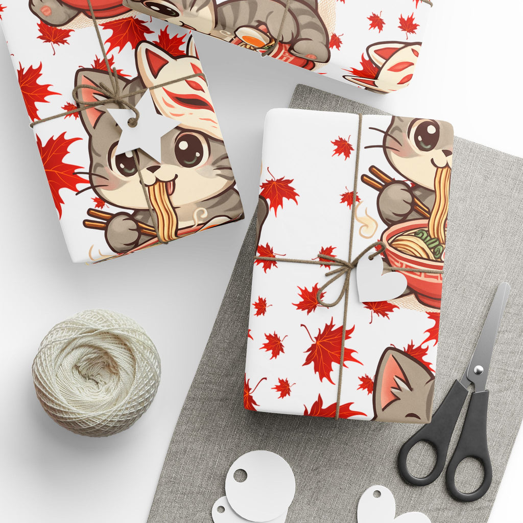 Cat kitsune eating ramen at Christmas, gift wrapping paper, beautiful autumn maple leaf print.