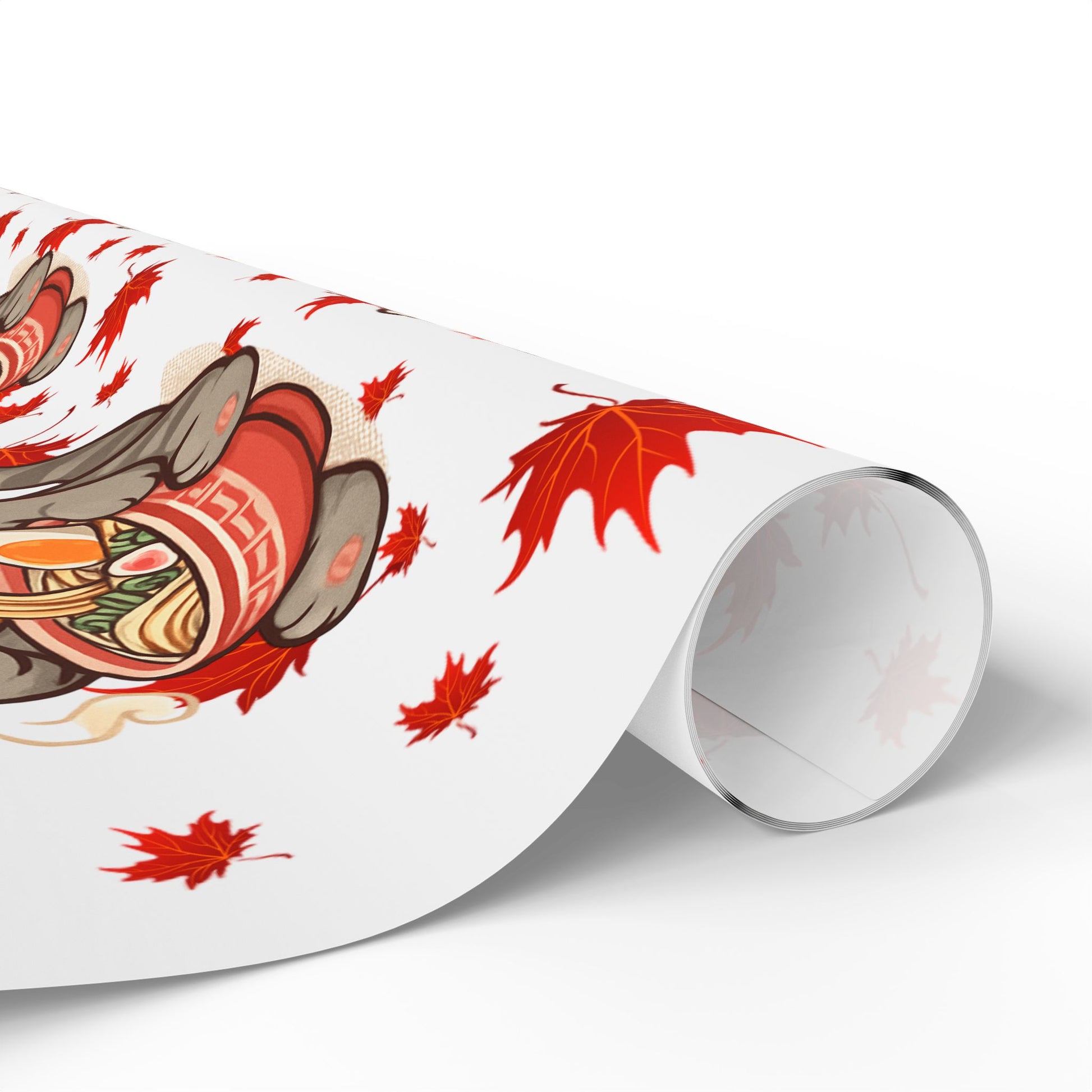 Cat kitsune eating ramen at Christmas, gift wrapping paper, beautiful autumn maple leaf print.