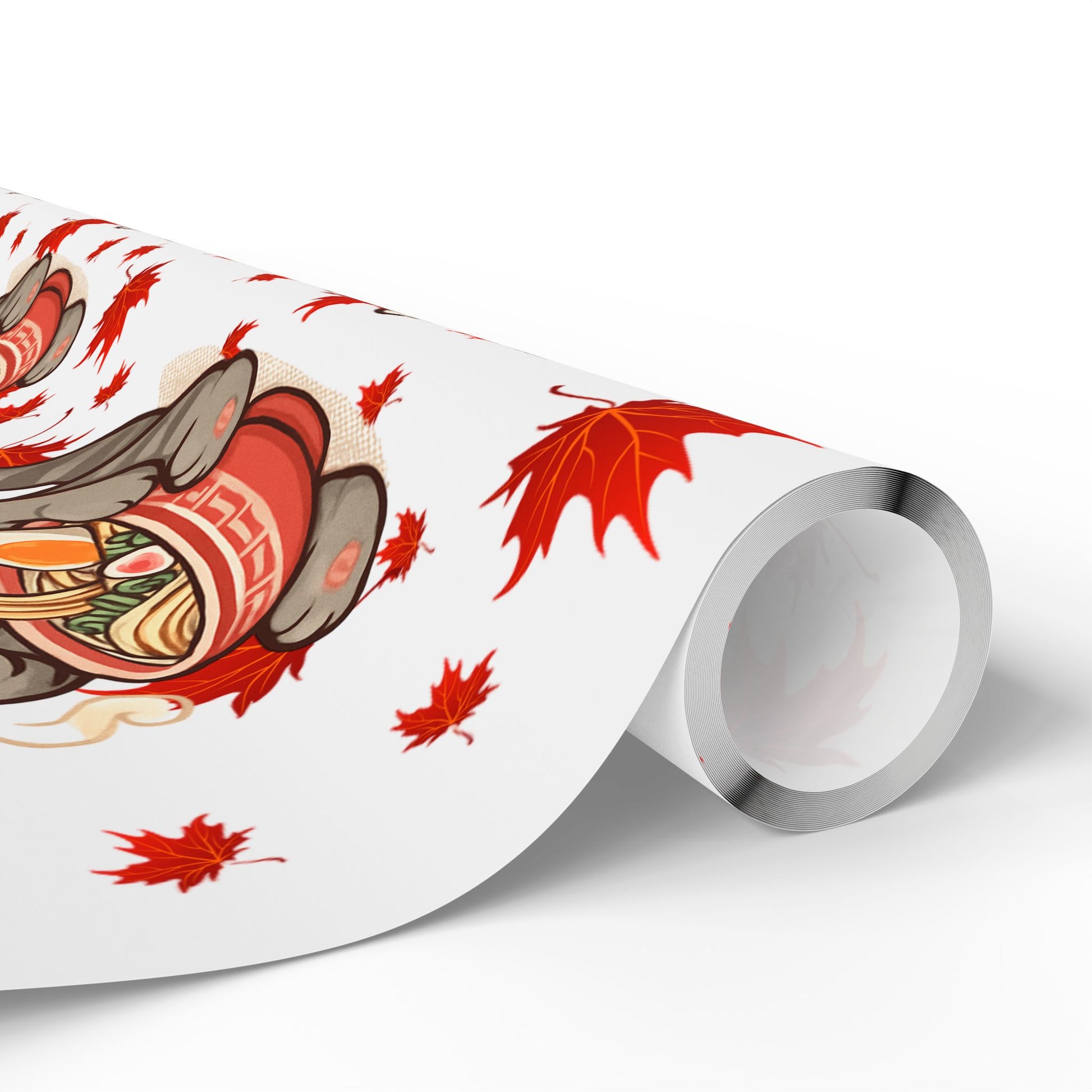 Cat kitsune eating ramen at Christmas, gift wrapping paper, beautiful autumn maple leaf print.