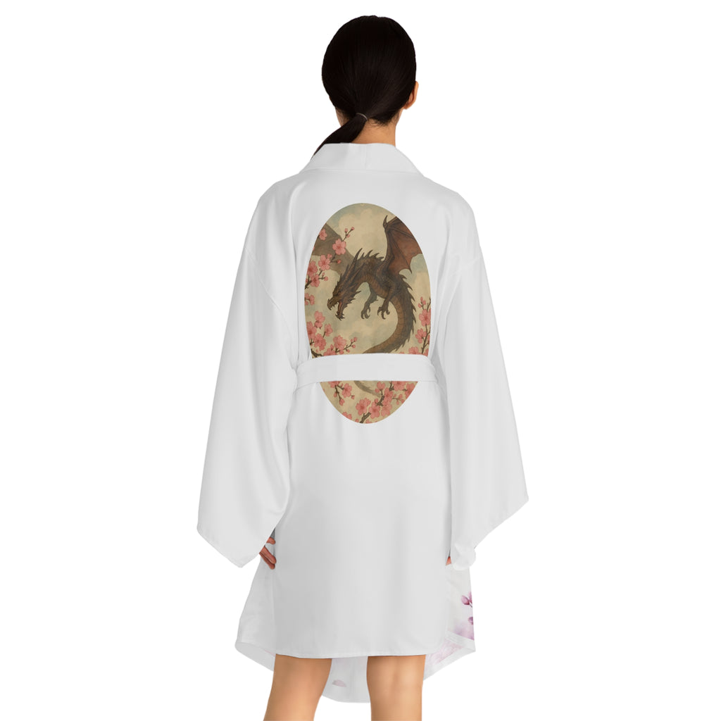 Elegant Floral & Dragon Print Long Sleeve Kimono Robe, Bathrobe, Loungewear, Gift for Her, Relaxation, Summer Evening Wear