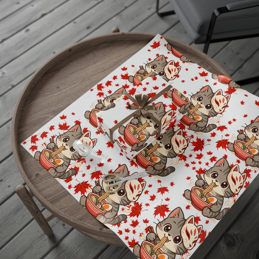 Cat kitsune eating ramen at Christmas, gift wrapping paper, beautiful autumn maple leaf print.