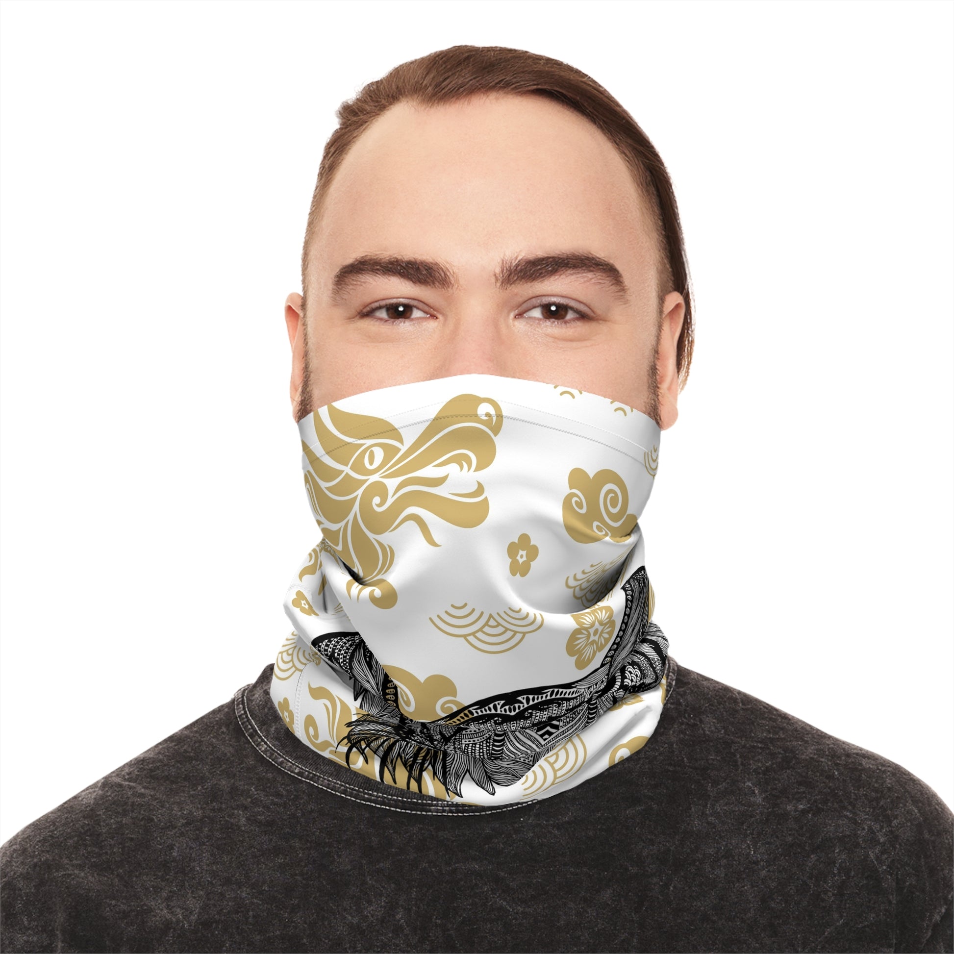 Tiger Mandala Neck Gaiter — Gold Cloud Pattern Lightweight Face Scarf