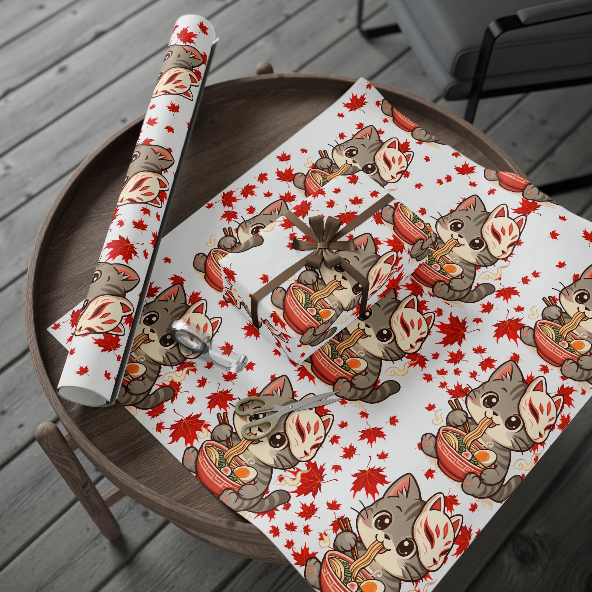 Cat kitsune eating ramen at Christmas, gift wrapping paper, beautiful autumn maple leaf print.