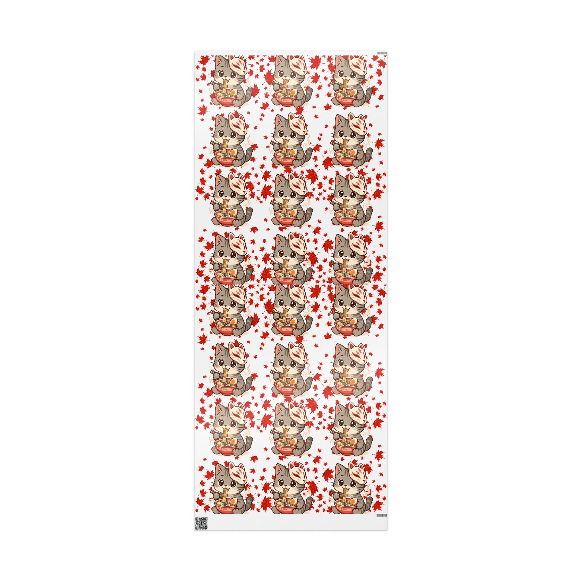 Cat kitsune eating ramen at Christmas, gift wrapping paper, beautiful autumn maple leaf print.