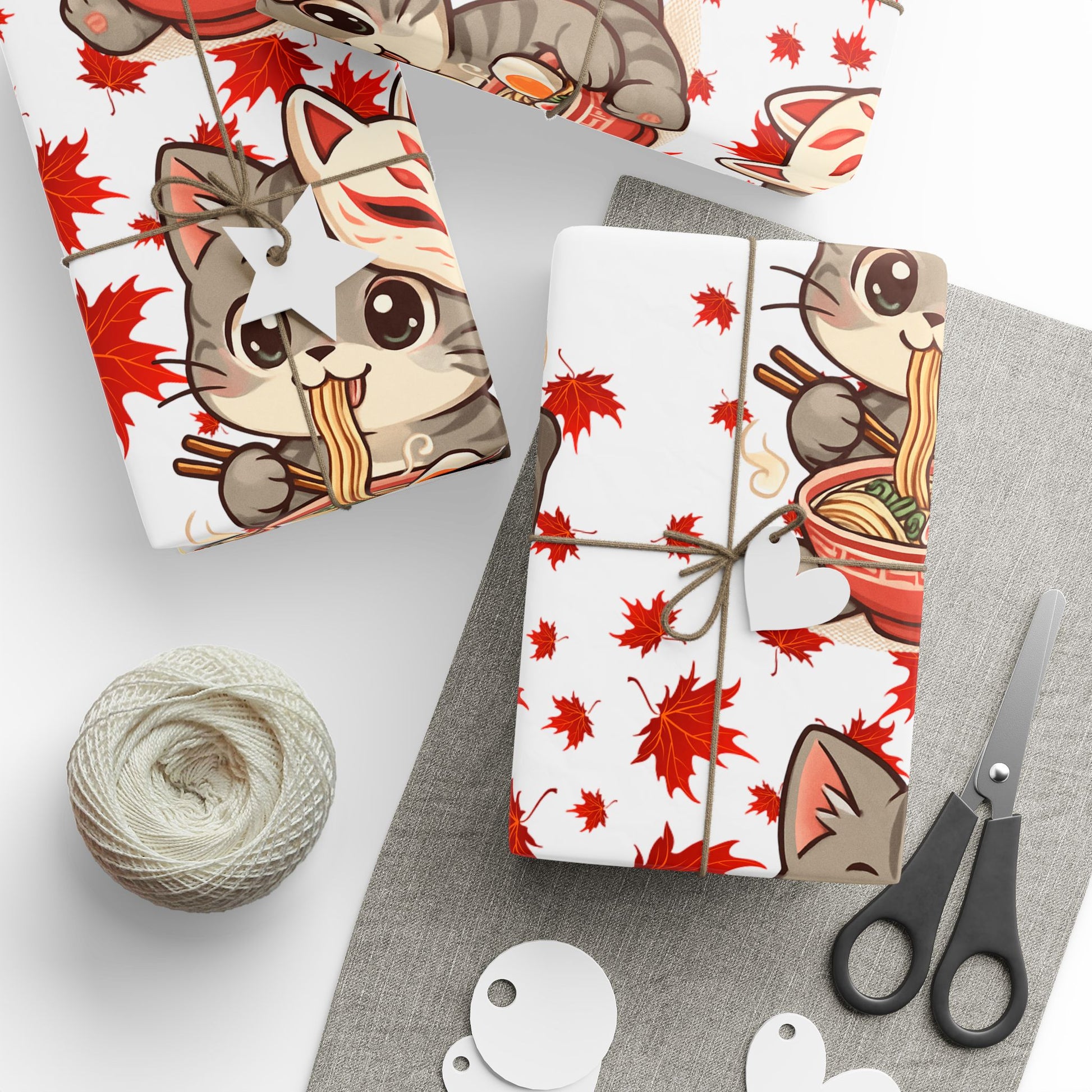 Cat kitsune eating ramen at Christmas, gift wrapping paper, beautiful autumn maple leaf print.