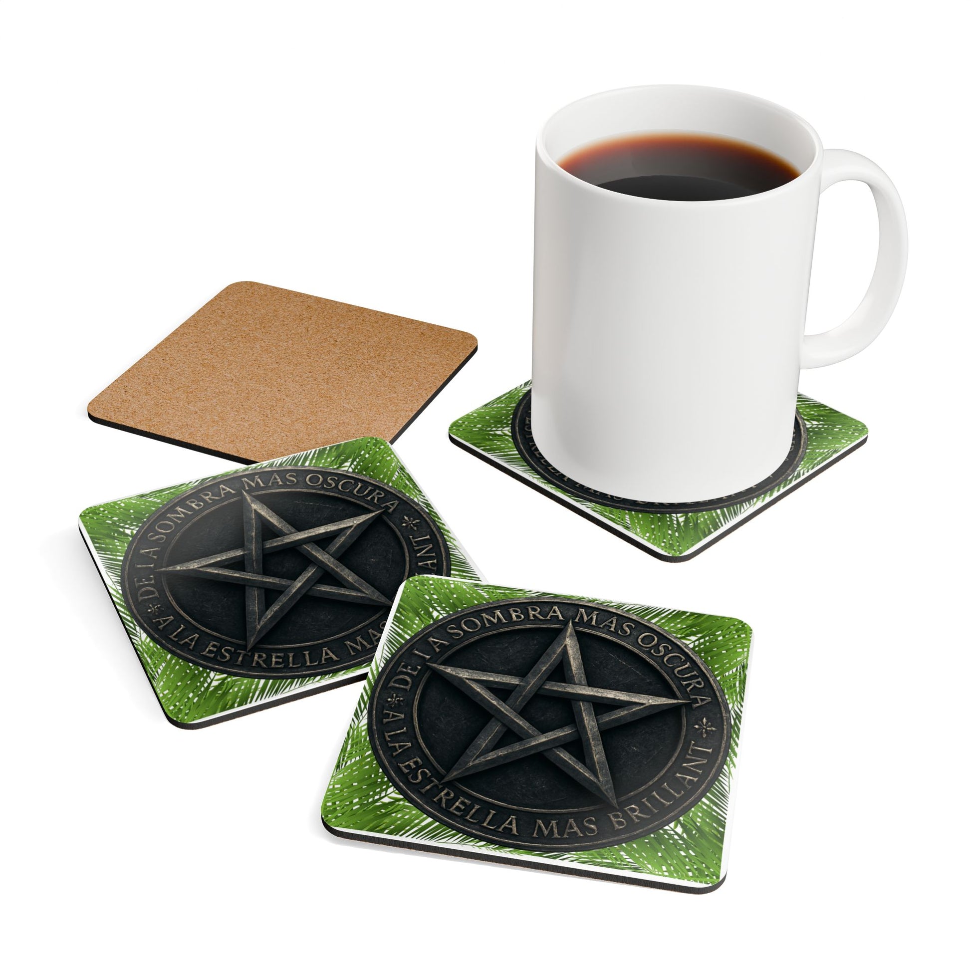 Pentagram Cork Coaster Set — "De la sombra más oscura a la estrella más brillante"
