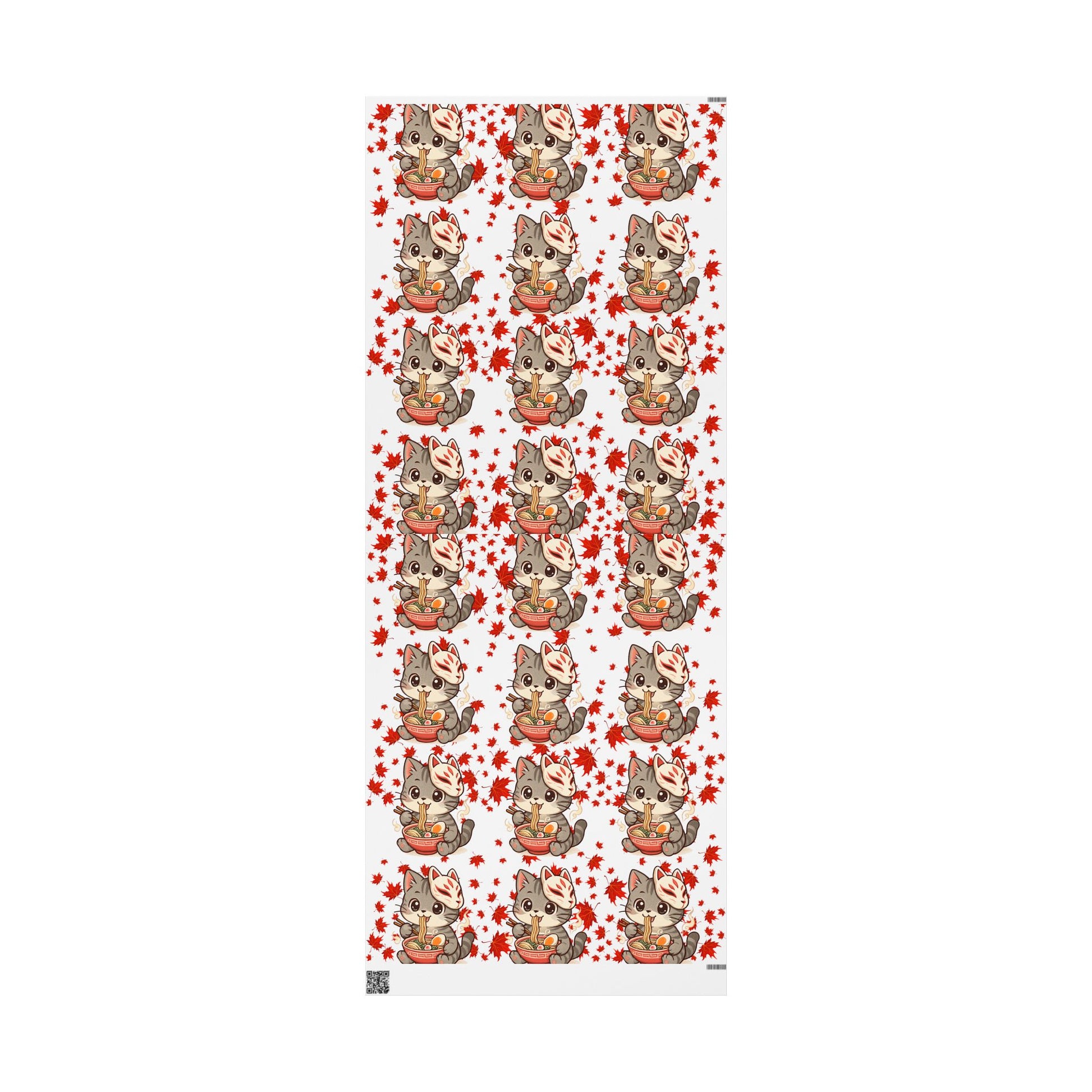 Cat kitsune eating ramen at Christmas, gift wrapping paper, beautiful autumn maple leaf print.