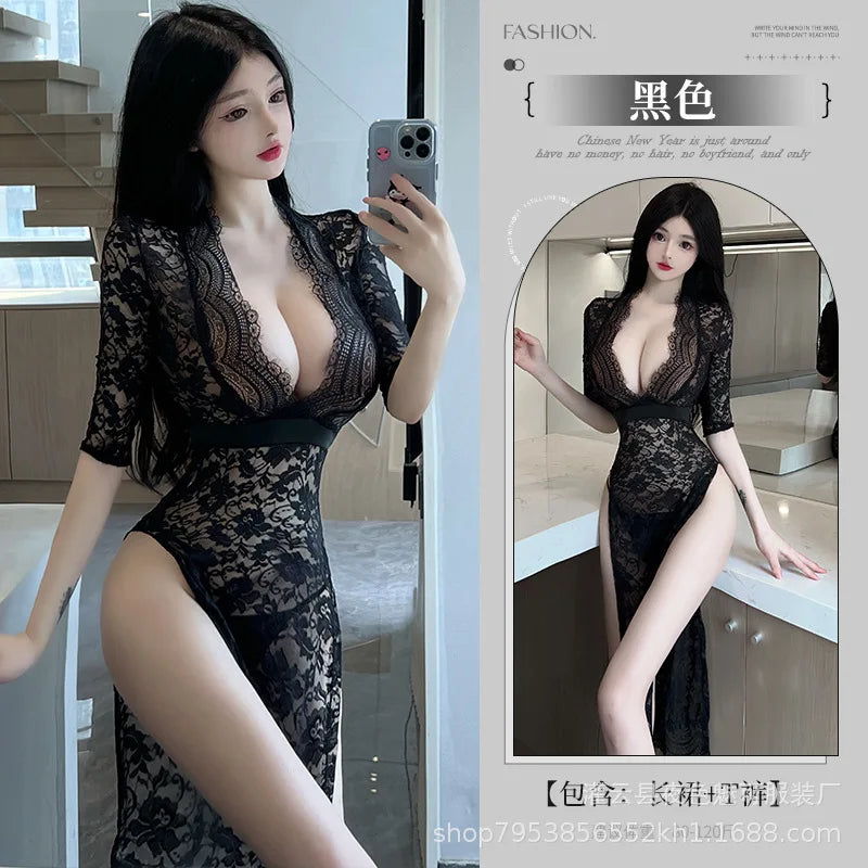 Sexy and elegant sheer lace long dress, Korean fashion, 2024.