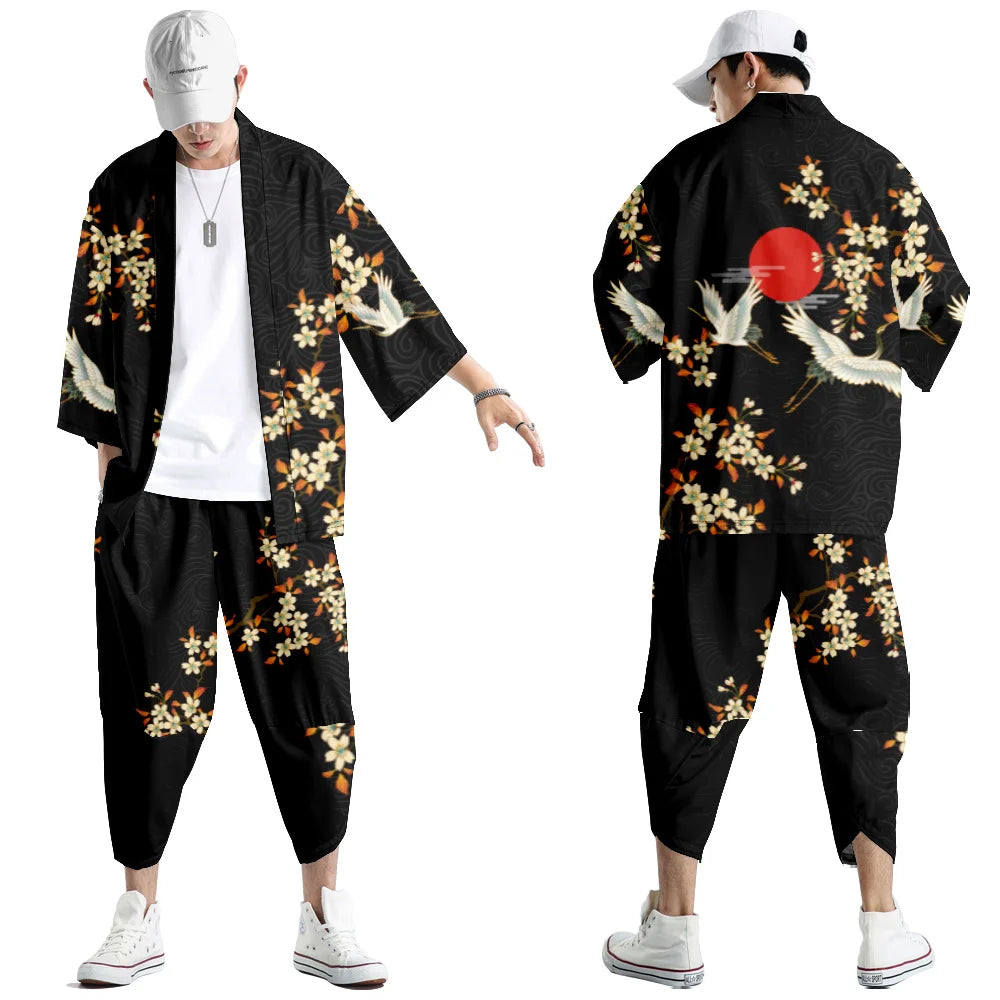 Traje de dos piezas estilo japonés, conjunto de kimono unisex