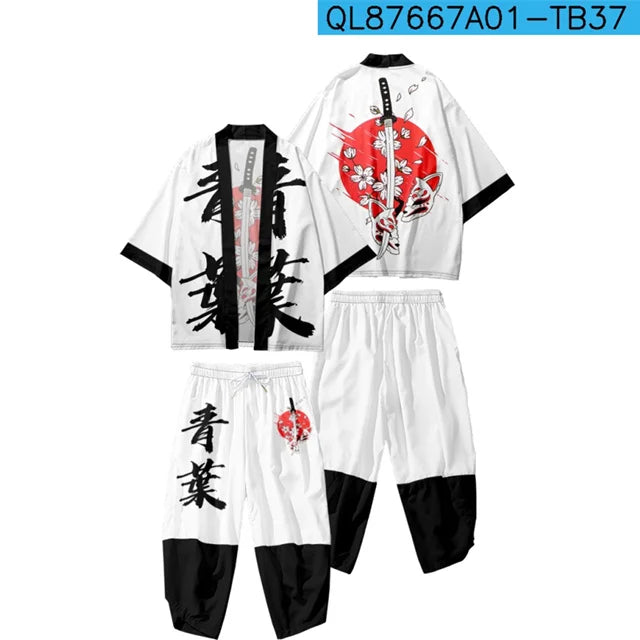Traje de dos piezas estilo japonés, conjunto de kimono unisex