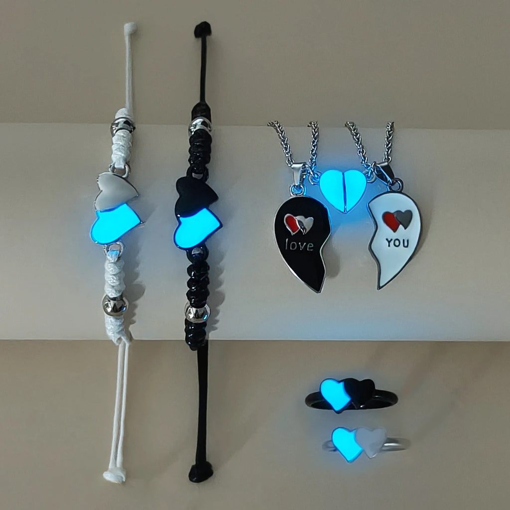6 Pieces Set, Glow in the Dark Heart Shape Bracelets, Necklaces and Rings for Couples, Fashion Jewelry.