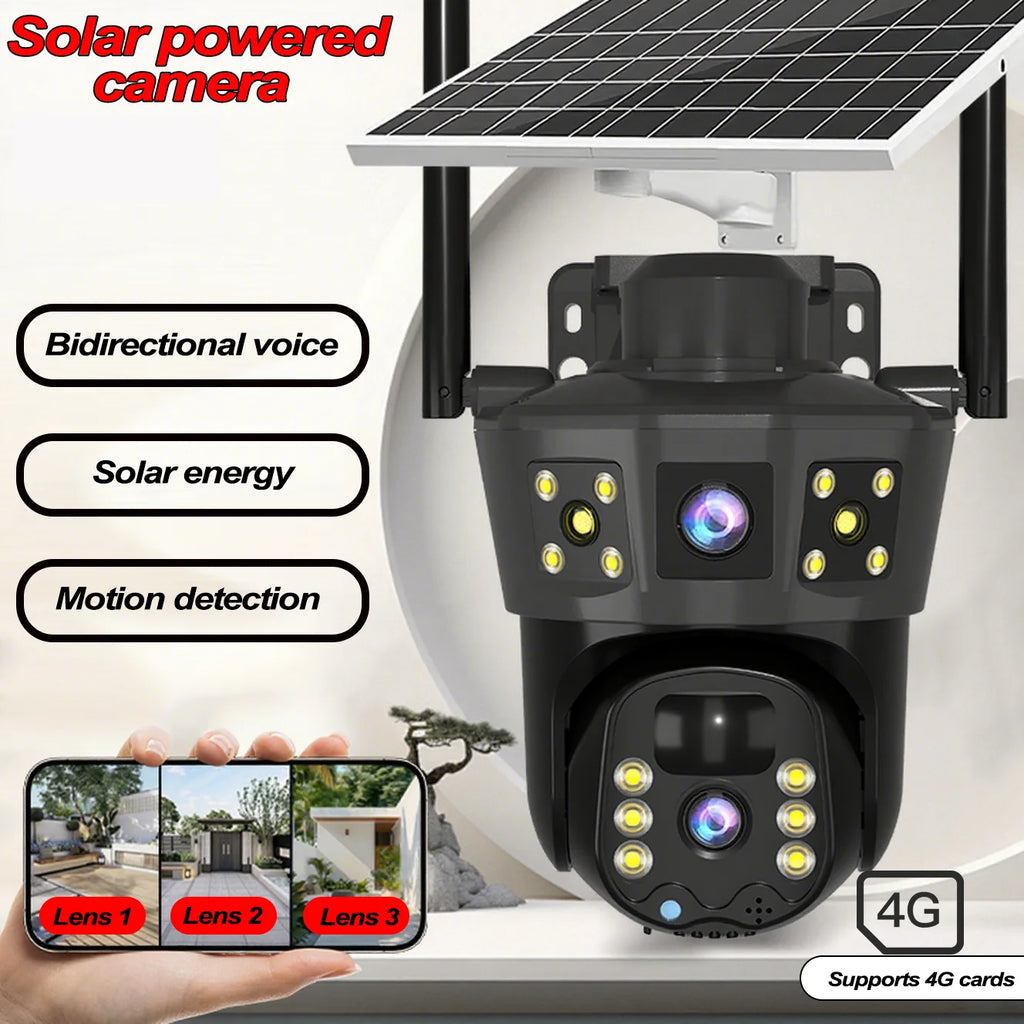 Solar-powered security camera, wireless, PIR motion alarm, cloud storage, two-way audio