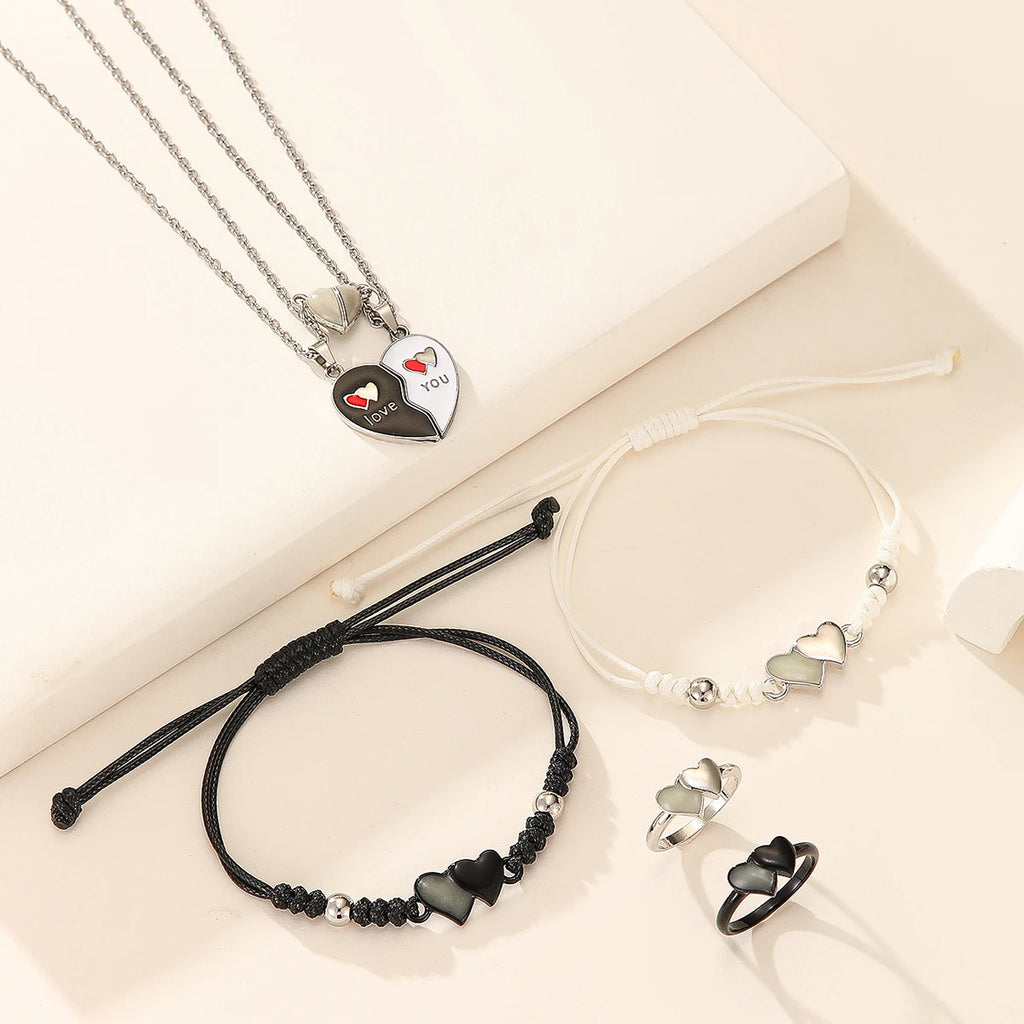 6 Pieces Set, Glow in the Dark Heart Shape Bracelets, Necklaces and Rings for Couples, Fashion Jewelry.
