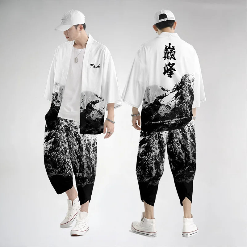 Traje de dos piezas estilo japonés, conjunto de kimono unisex