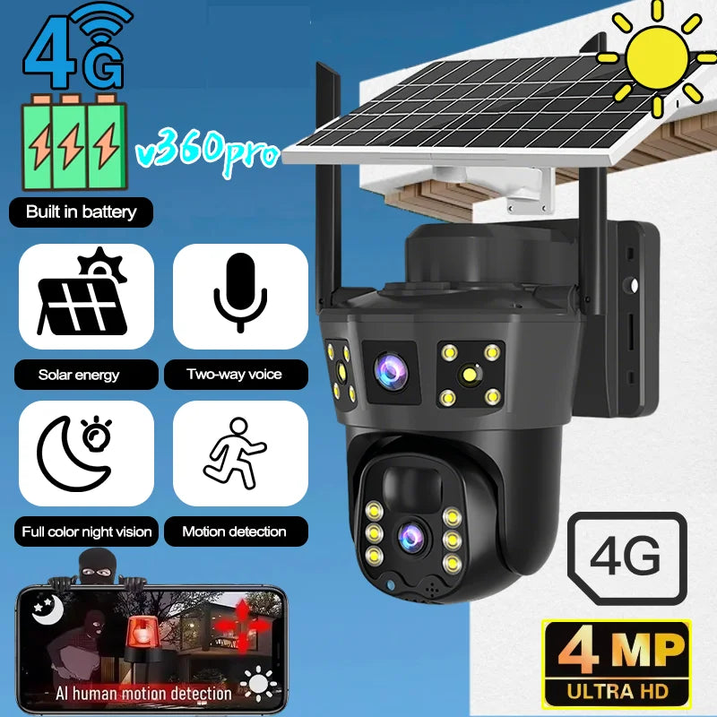 Solar-powered security camera, wireless, PIR motion alarm, cloud storage, two-way audio