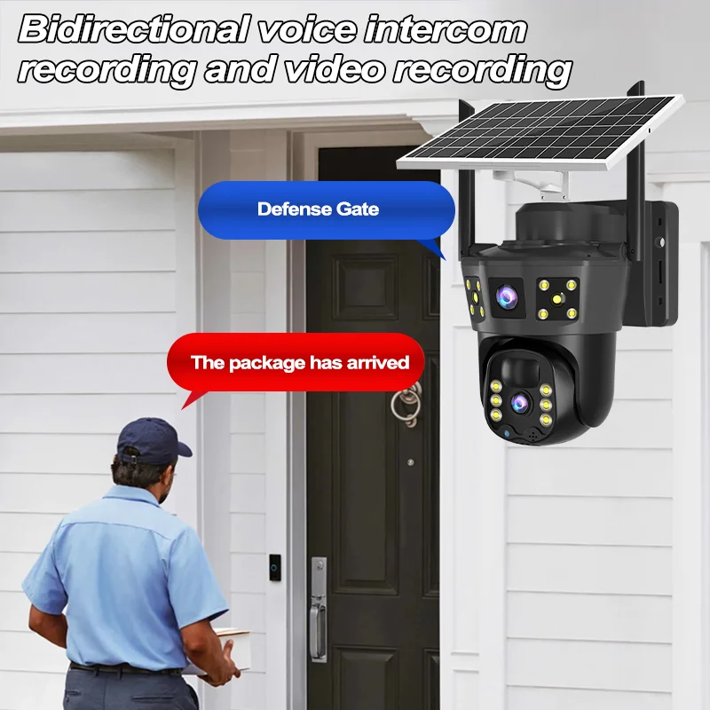 Solar-powered security camera, wireless, PIR motion alarm, cloud storage, two-way audio