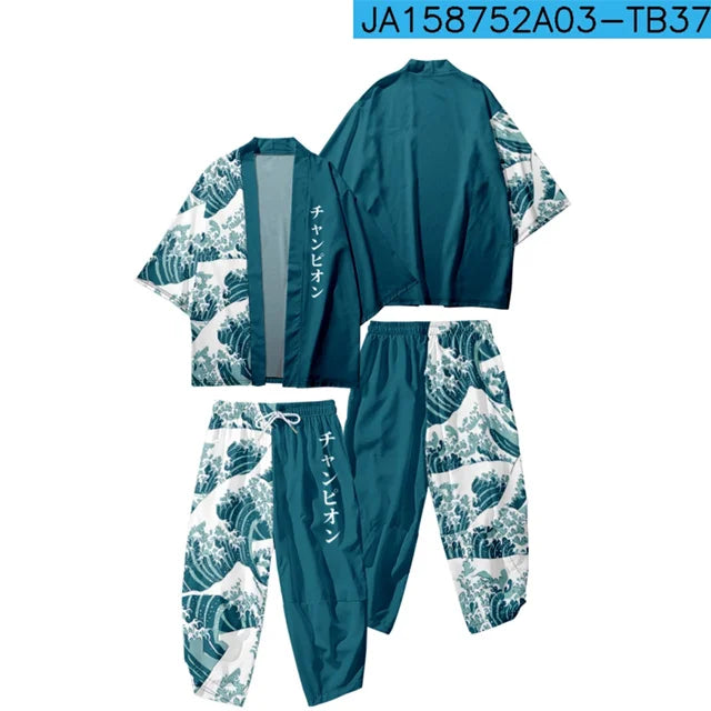 Traje de dos piezas estilo japonés, conjunto de kimono unisex