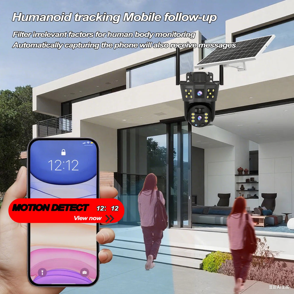 Solar-powered security camera, wireless, PIR motion alarm, cloud storage, two-way audio