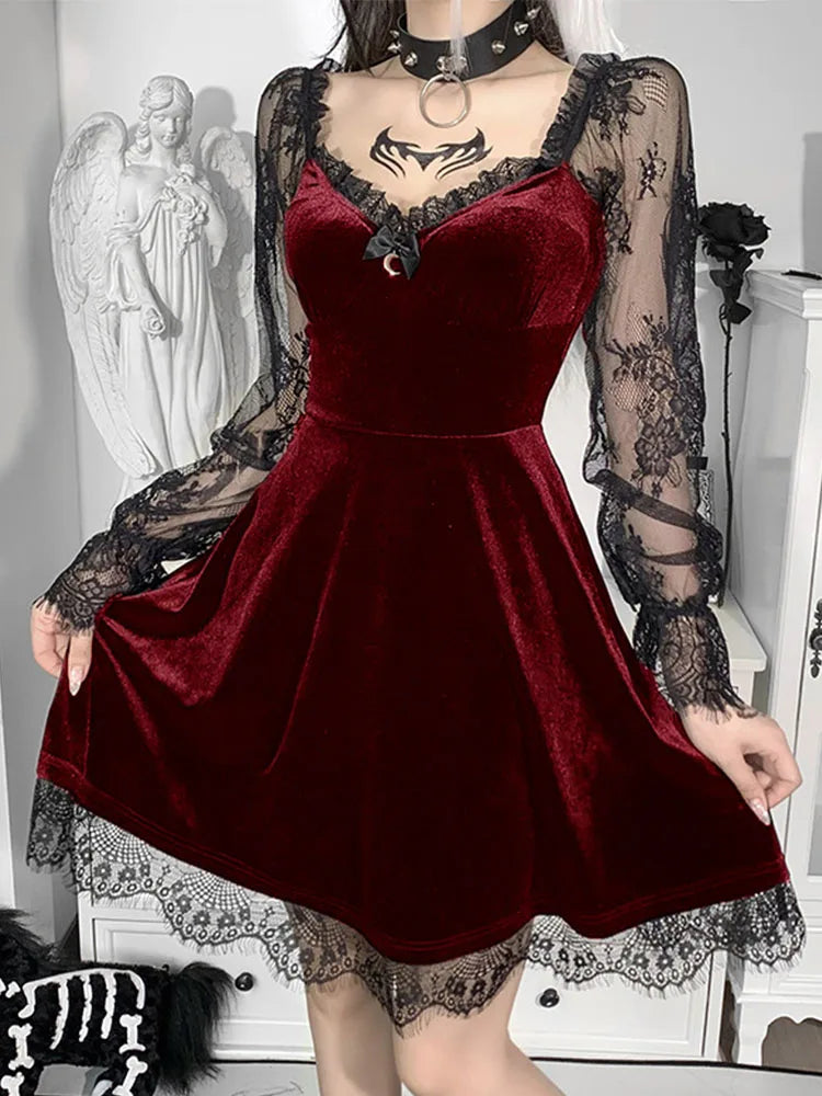 Gothic Lolita Girl Lace Trim Velvet A-Line Dress Women Sexy Perspective Long Sleeve V Neck Slim Mini Dress Cosplay Party Costume