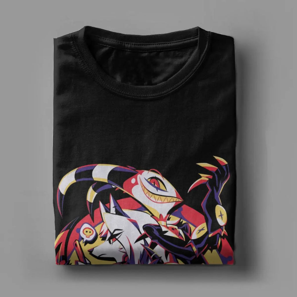 Pure cotton, short-sleeved, unisex t-shirt from Helluva Boss, limited edition, featuring Moxxie, Millie, Loona, and Blitzo, size 4XL