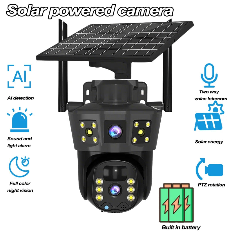Solar-powered security camera, wireless, PIR motion alarm, cloud storage, two-way audio