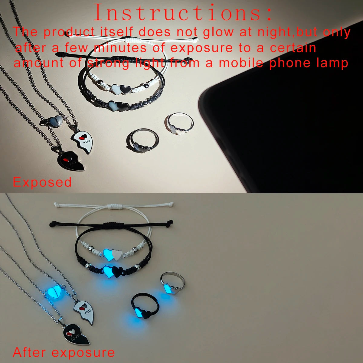6 Pieces Set, Glow in the Dark Heart Shape Bracelets, Necklaces and Rings for Couples, Fashion Jewelry.