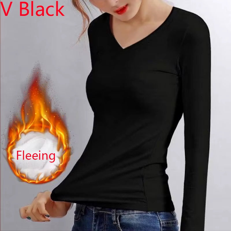 Winter Bottoming Shirt Women Thermal Underwear Solid Color German Velvet Long-Sleeved Basic T-Shirt Heating Fiber Thermal Top