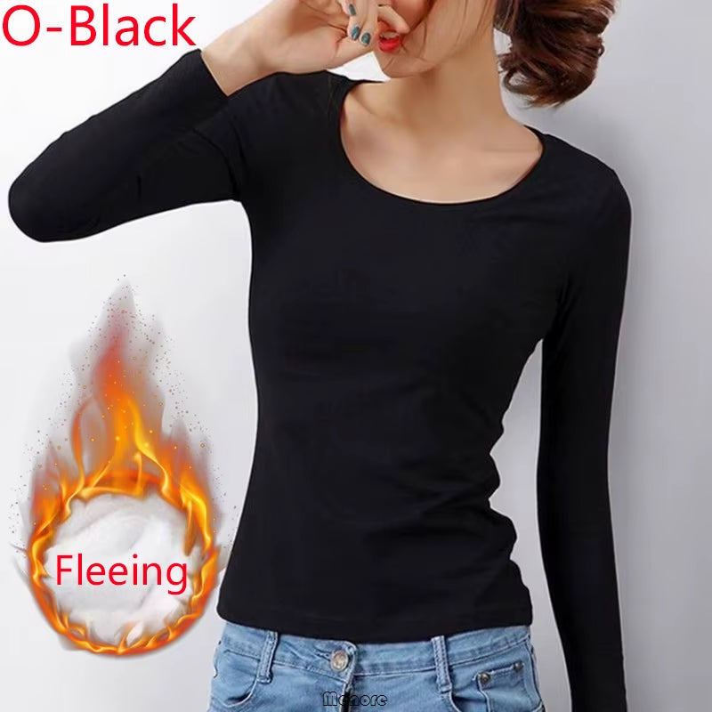Winter Bottoming Shirt Women Thermal Underwear Solid Color German Velvet Long-Sleeved Basic T-Shirt Heating Fiber Thermal Top
